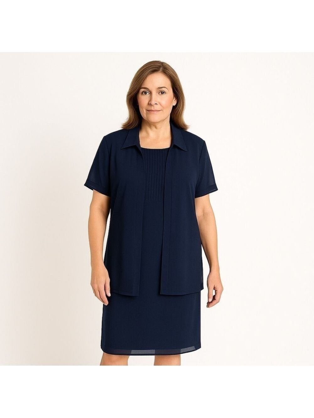 STUDIO I Petite Navy Blue 2-Piece Dress & Jacket Set Size 14P
